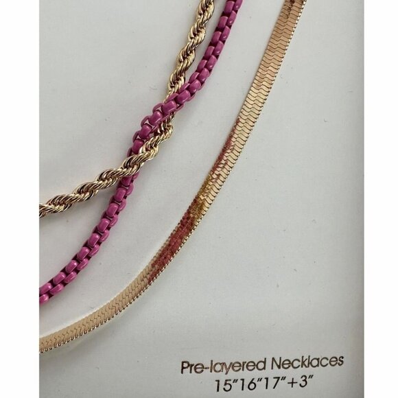 Nicole Miller Layered Necklace Triple Gold Tone Pink Snake Rope 3" Ext NEW - Picture 3 of 12